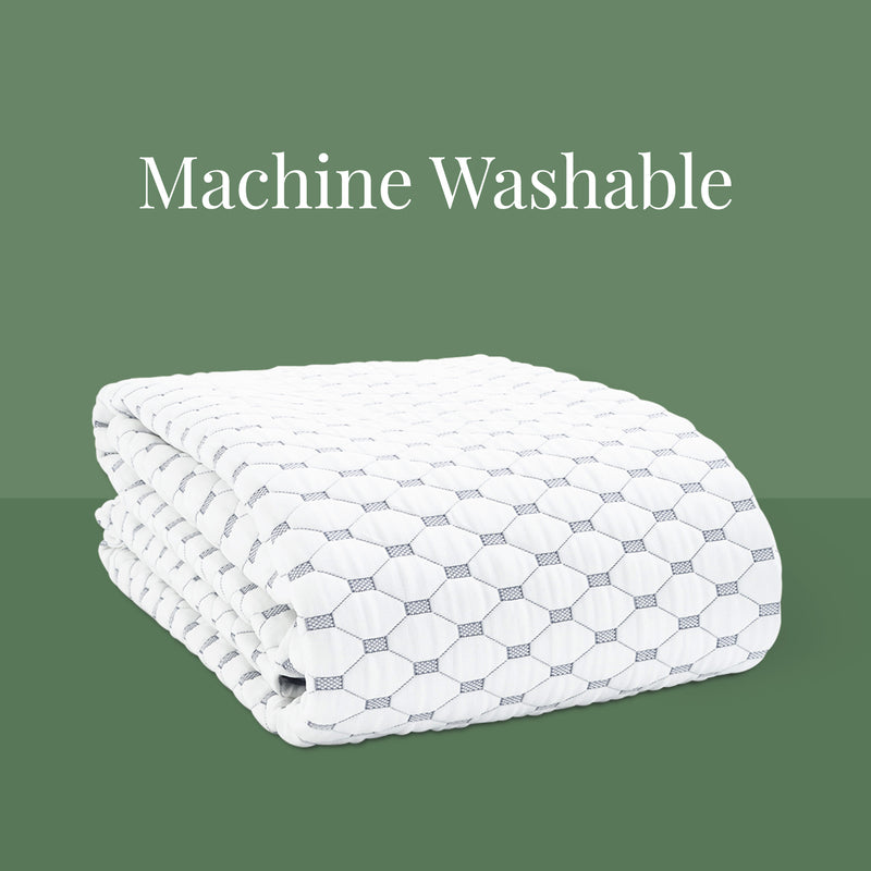 Machine washable. A photo of a white and gray mattress protector folded up.