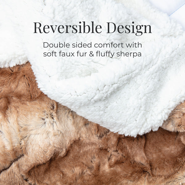 Reversible Design. Double sided comfort with soft faux fur & fluffy sherpa. Photo of a light brown/tan faux fur blanket with a fluffy white sherpa on the reversed side. (No Script, Alternate View)