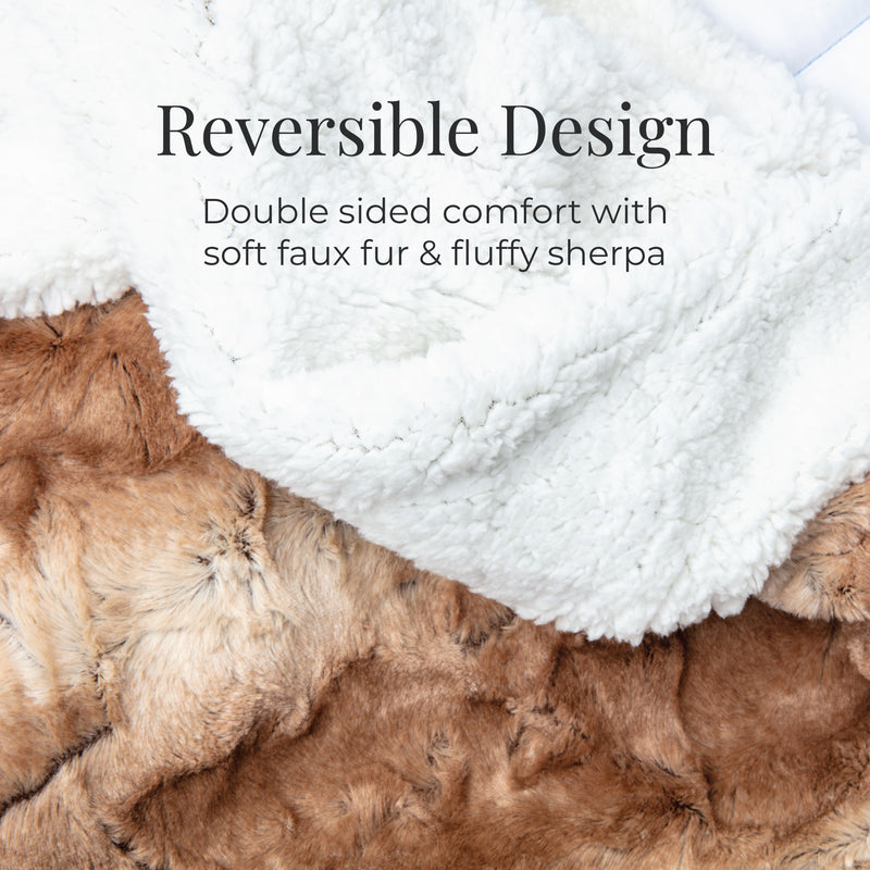 Reversible Design. Double sided comfort with soft faux fur & fluffy sherpa. Photo of a light brown/tan faux fur blanket with a fluffy white sherpa on the reversed side.