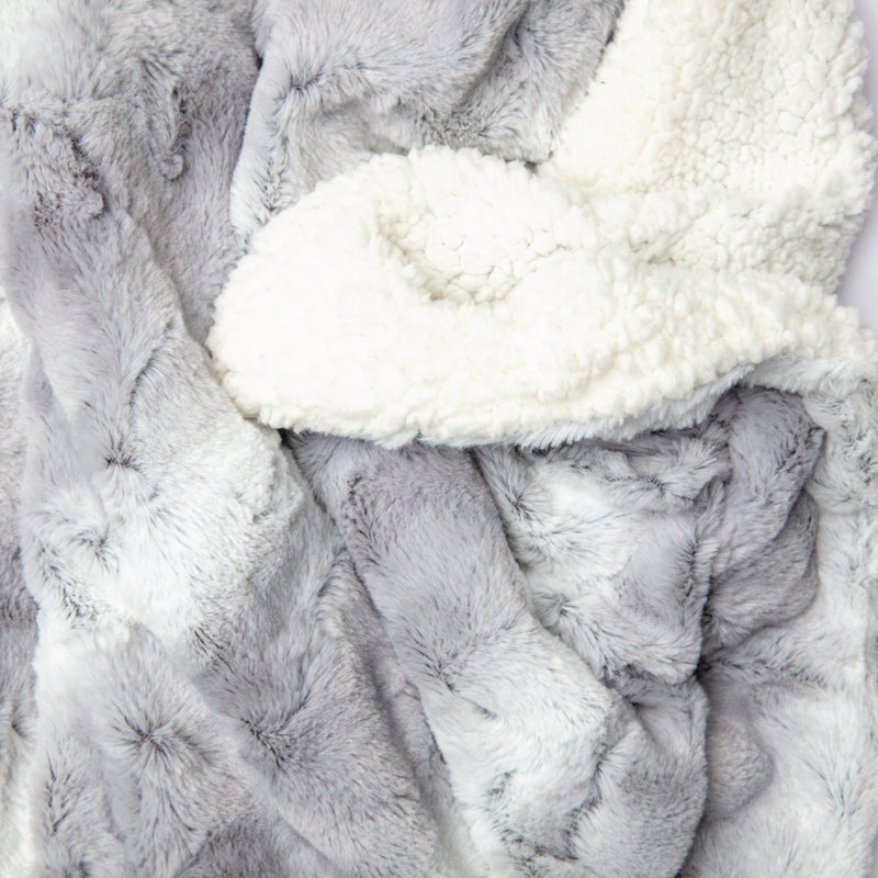 Photo of a light gray faux fur blanket with a fluffy white sherpa on the reversed side.