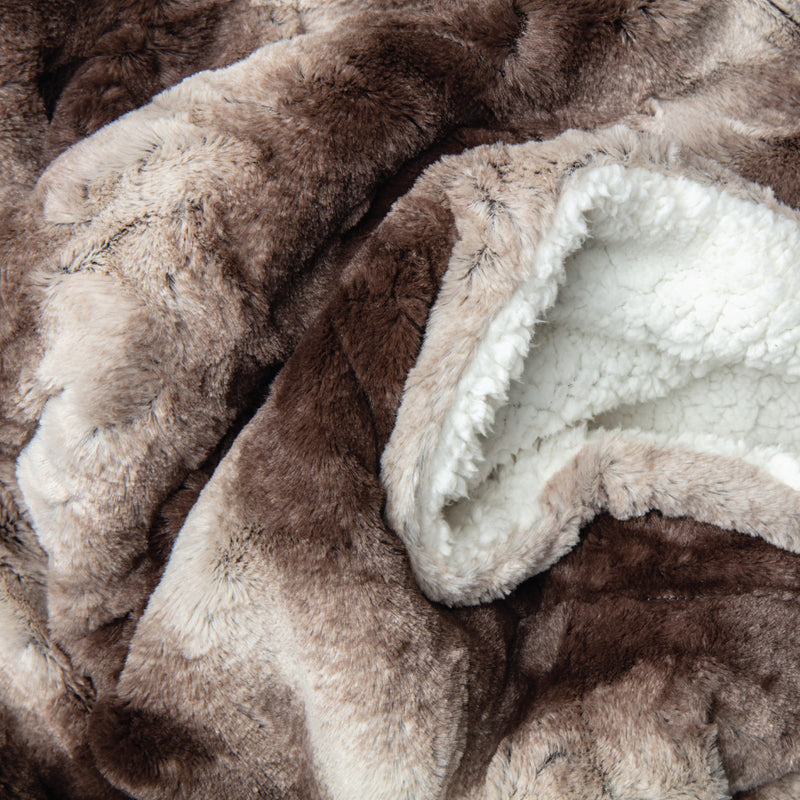 Photo of a dark espresso brown faux fur blanket with a fluffy white sherpa on the reversed side.