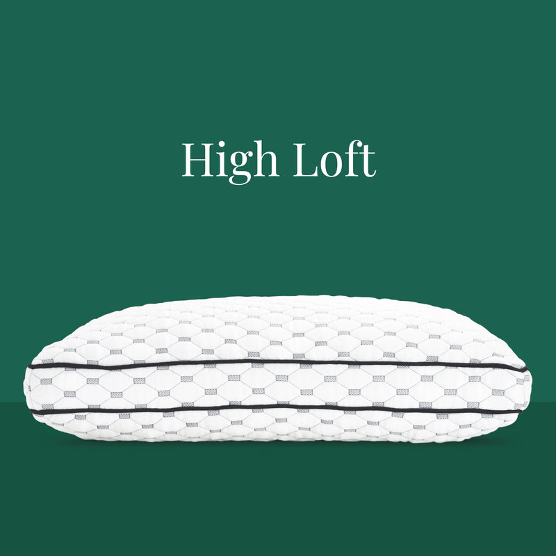 High Loft. A white pillow with dark gray piping.